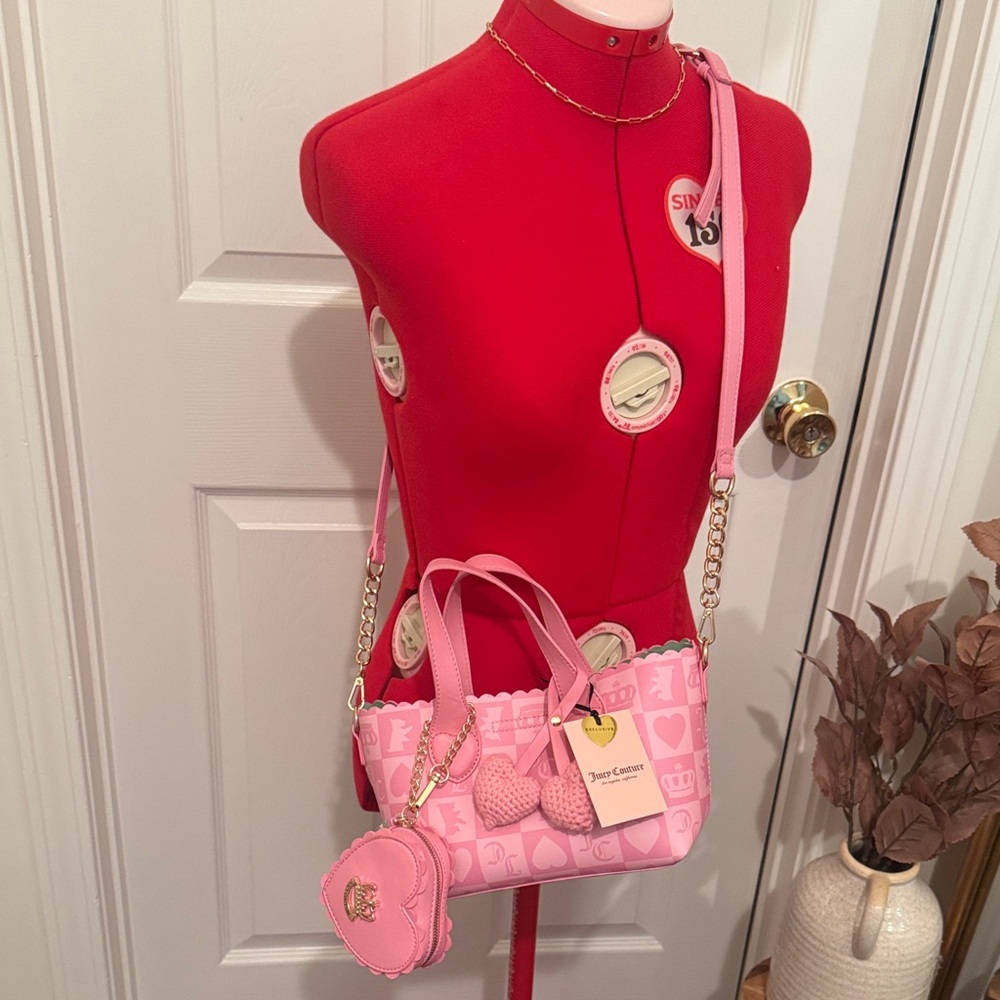 Juicy Couture Pink Heart-Print Scalloped mini Tote with Charm and Chain Strap